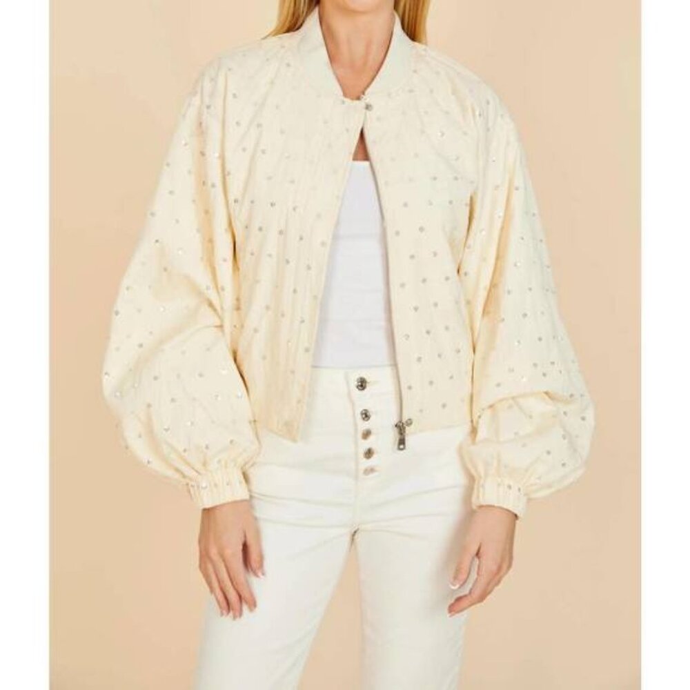Dolce Cabo Bomber Jacket Women L Ivory Balloon Sleeve Embellished Sequin Gauzy